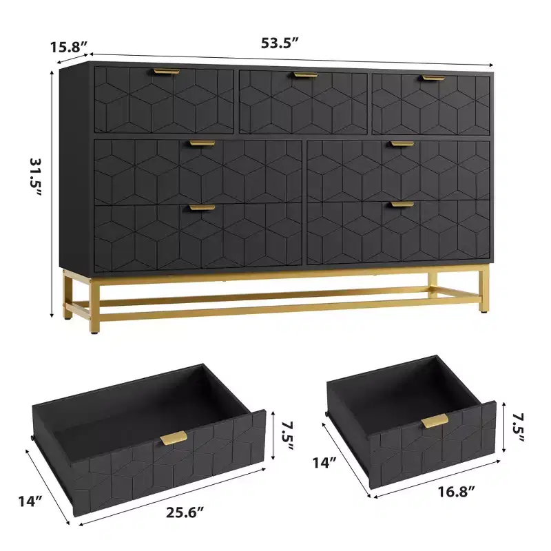 Dresser for Bedroom, 53.5 Wide Dresser Organizer, 7 Drawer with Golden Metal Handle and Legs, Modern Chest of Drawers for Closet, Hallway