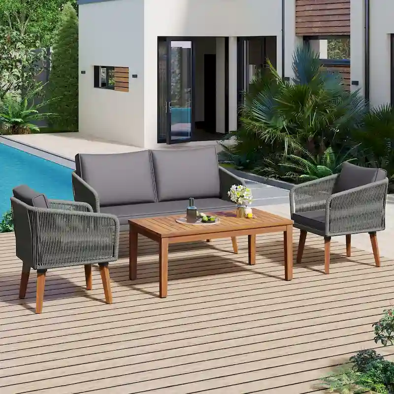 Mid-Century Modern 4-Piece Patio Set: Acacia Wood Loveseat, Chairs & Table