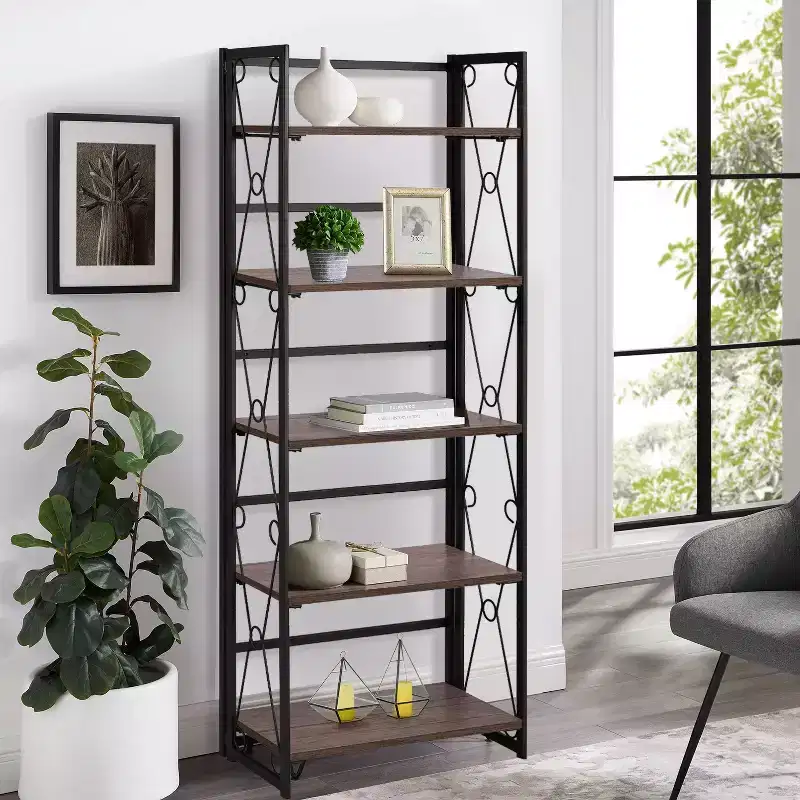 VECELO Folding Bookshelf, 5 Shelf Folding Bookcase, Industrial Metal Freestanding Shelves Rack Organizer for Living Room or Bedroom, Brown
