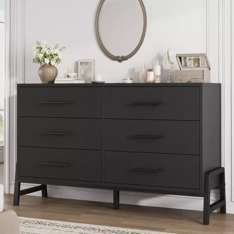 6 Drawer Dresser for Bedroom, 52W Wooden Chest of Drawers with Metal Legs, Clothes Storage Organizer, Dresser TV Stand for Hallway