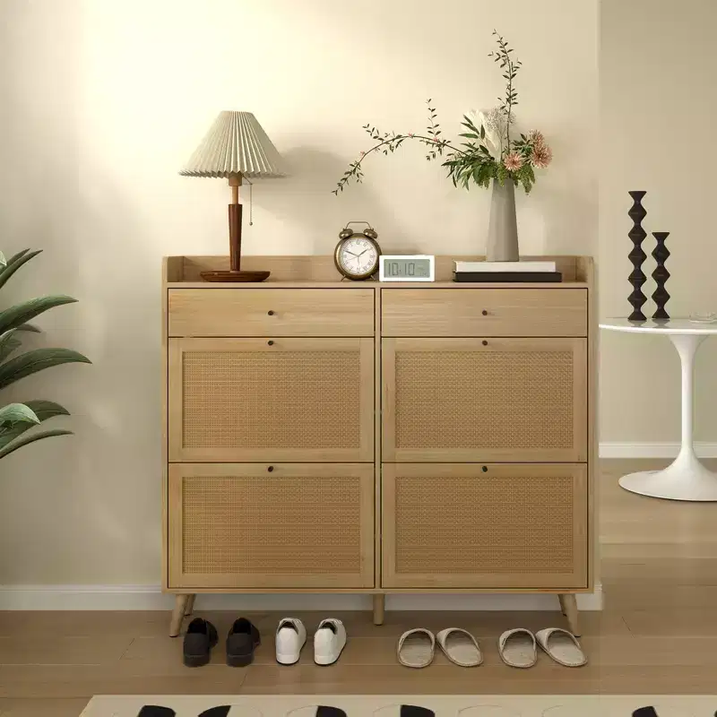CuisinSmart Wood Shoe Cabinet with 4 Natural Rattan Flip Drawers & 2 Drawers, Hidden Free-Standing Shoe Rack for Entryway Hallway Living Room