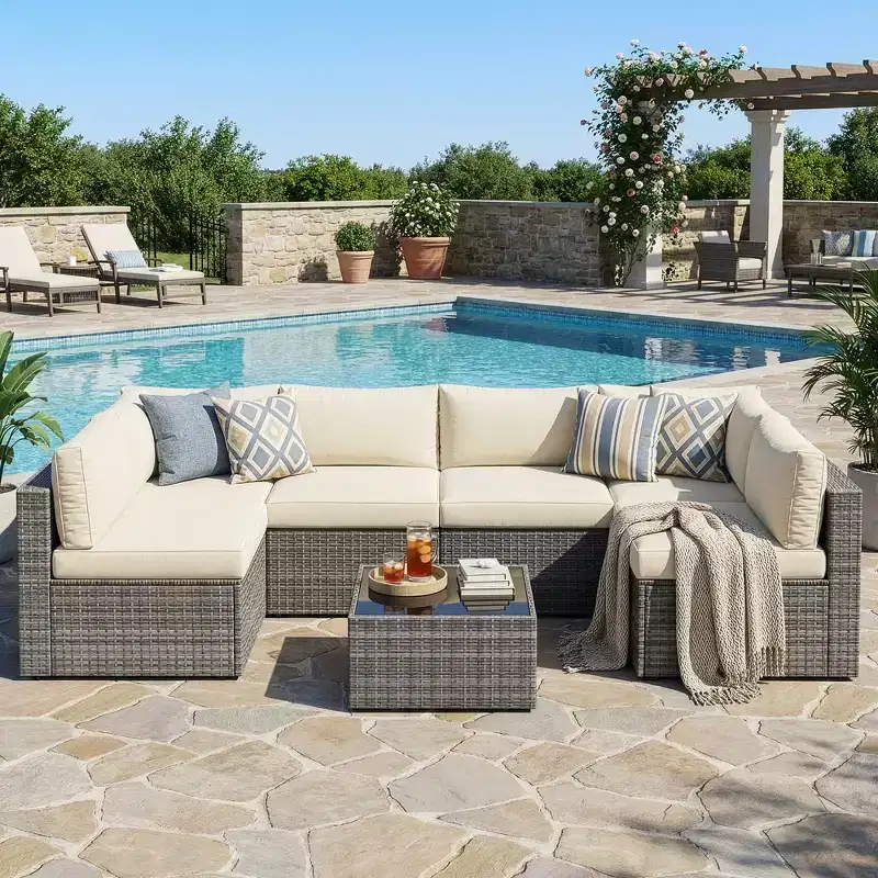 Outdoor 7-Piece Patio Furniture Set, Wicker Patio Conversation Sets with Cushions and Coffee Table, Outdoor Modular Sectional Sofa