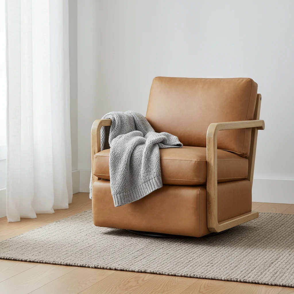 Clean-Line Sesame Leather & Rustic Oak Swivel Lounge Chair with Streamlined Silhouette for Living Room