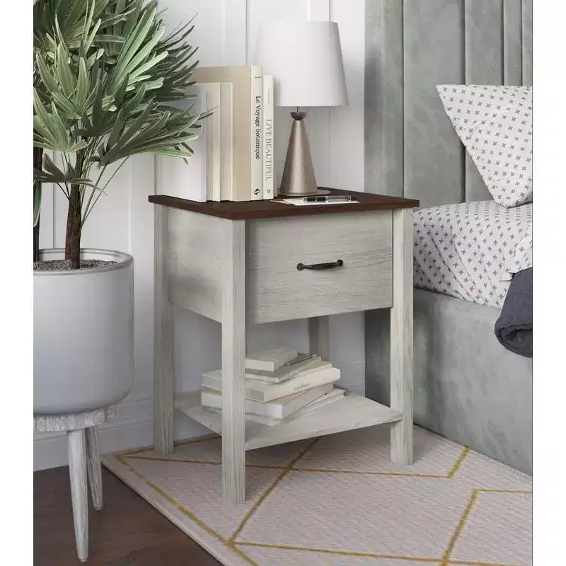 Contemporary Nightstand with Drawer & Open Shelf, White Oak