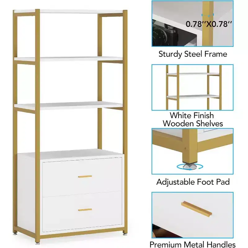 4-Tier Bookshelf with 2 Drawers – Metal Frame, Particle Board, 60