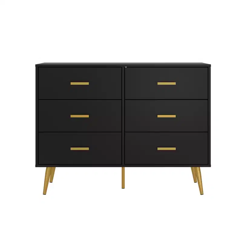 Wooden Chest of Drawers, Modern 6 Drawer Storage Cabinet with Gold Handles and Sturdy Metal Legs, Bedroom Drawer Organizer for Living Room, Hallway