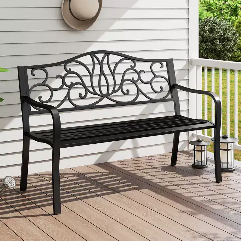 Costway 2-person Metal Bench w/ Floral Pattern Slanted Backrest Slatted Surface Black