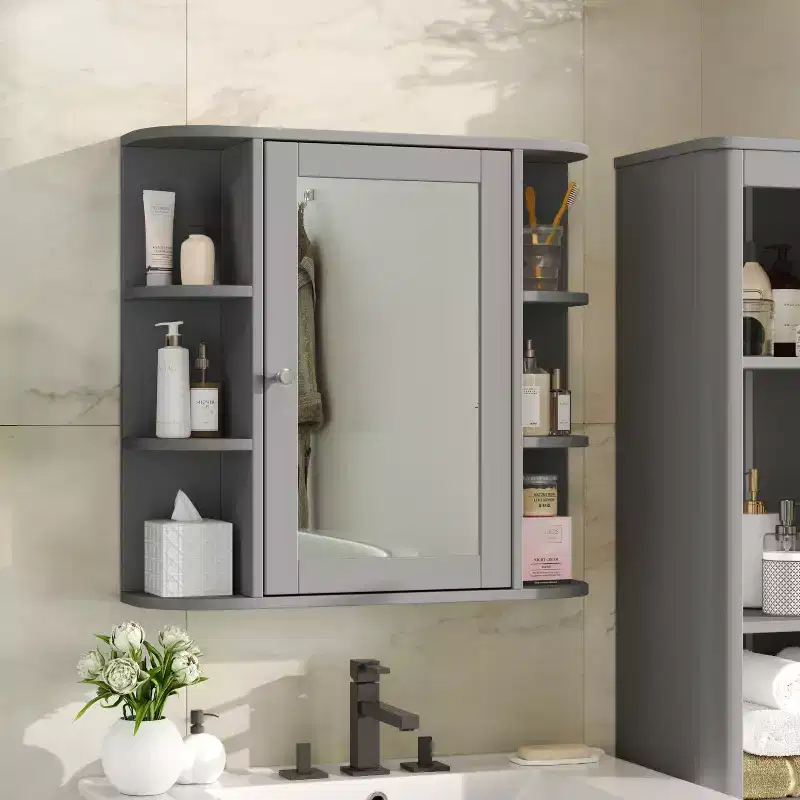 Modern Wood Wall Mounted Bathroom Mirror Storage Medicine Cabinet with Open Shelves