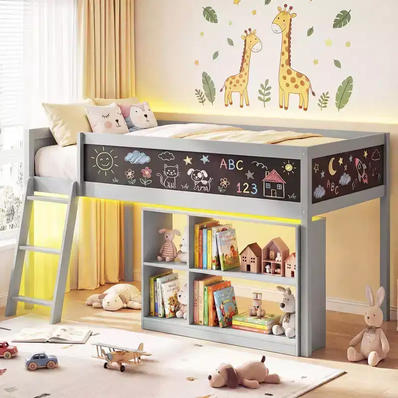Costway Kids Loft Bed w/LED Lights Chalkboard & Removable Bookcase Safety Guardrail