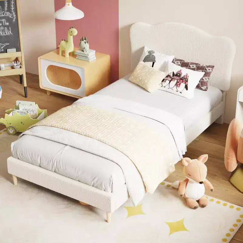 Bed Frame for Kids with Scallop Headboard, Cute Velvet Twin Bed for Girls, Boys, Sturdy Platform Bed, No Box Spring Needed, Wooden Slats, Noise Free