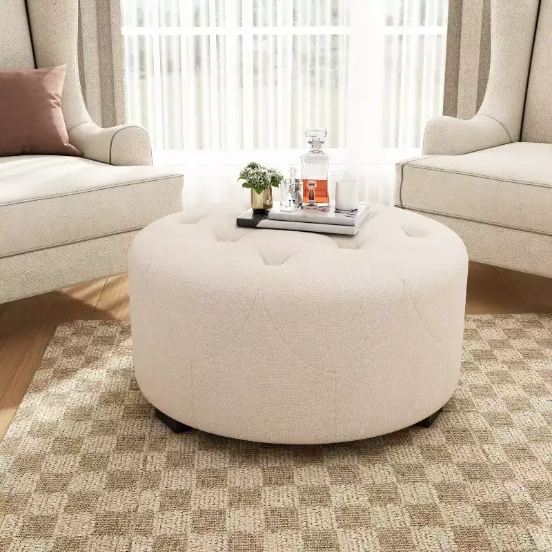 Round Button Tufted Ottoman, PU/Linen Upholstered Footstool with Birch Wood Legs