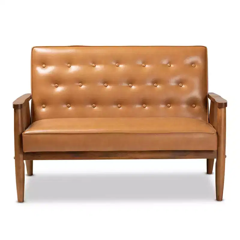 Sorrento Mid-Century Faux Leather Upholstered Wood Loveseat Walnut/Brown - Baxton Studio: Tufted 2-Seater Couch, Spot Clean