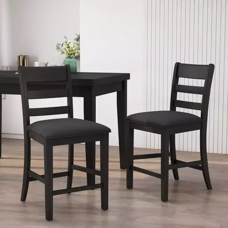 Christopher Knight Home 2pc Benner Farmhouse Upholstered Wood Counter Height Barstools Black: Faux Leather, Rubberwood Legs, Armless Design