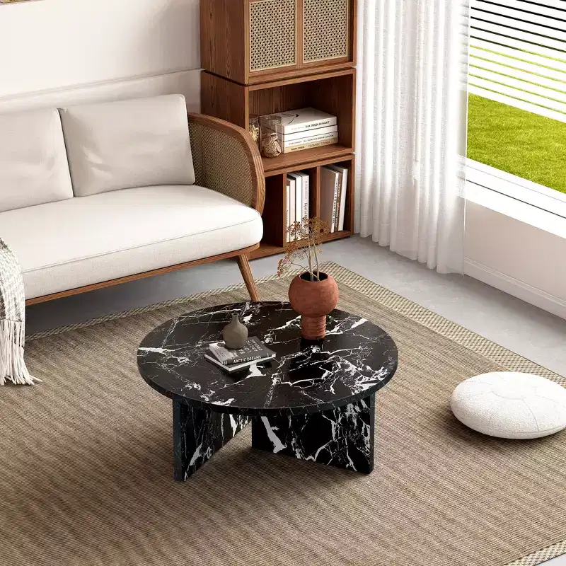 31.5 Black Round MDF Coffee Table, Modern Minimalist Nordic Scratch-Resistant Table for Living Room Office Bedroom