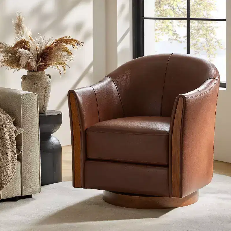 Transitional Genuine Leather Swivel Barrel Chair With Solid Wood BaseArtful Living Design