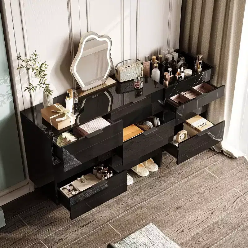 Gloss Dresser with Marble Accents 6 Drawers Storage Cabinet for Bedroom, Living Room, and Kitchen