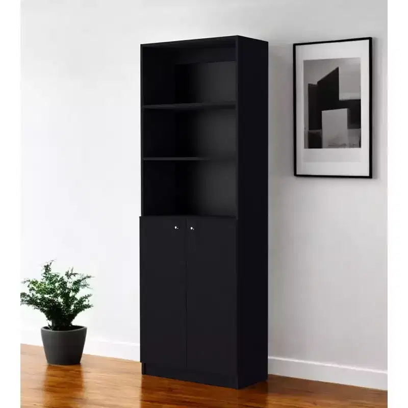 HomeRoots 71 Black Five Tier Bookcase with Two doors