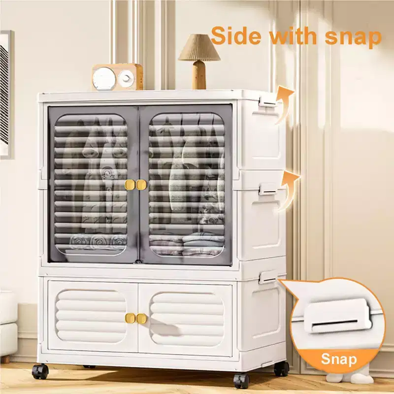 Lidded plastic storage bin, stackable storage boxes, with wheels and hanging rod, door-equipped for home living rooms