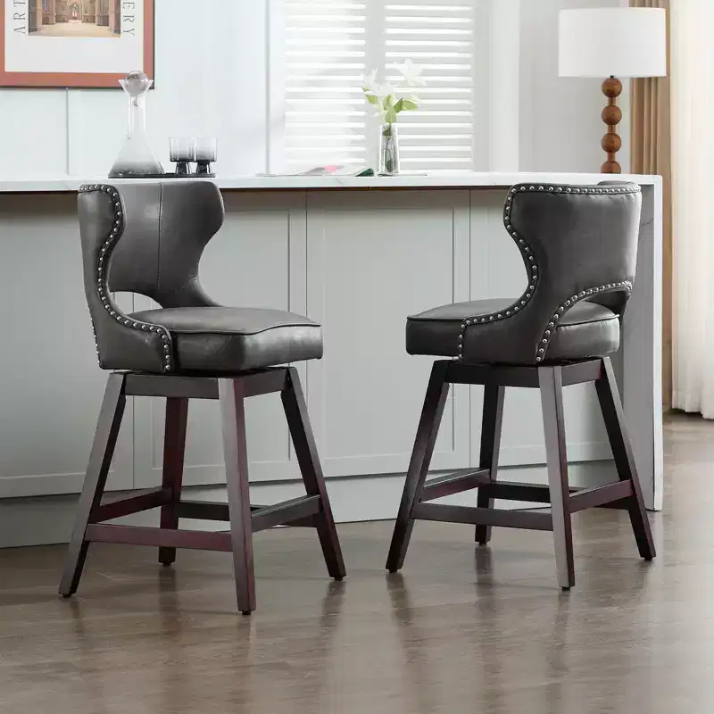 Swivel Nailhead Counter Bar Stools Set of 2 Upholstered 360° Solid Wood Legs 26