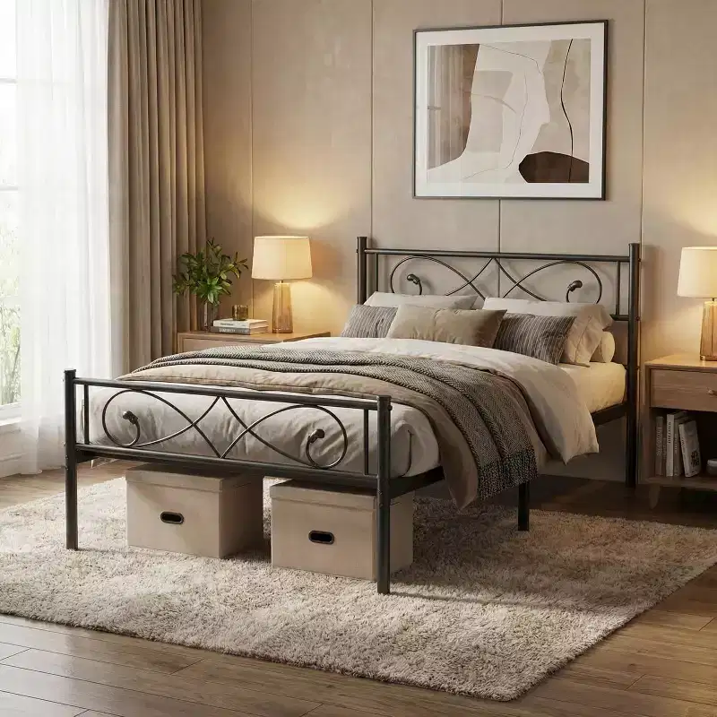 Twin Metal Platform Bed Frame with Artistic Fist Headboard & Footboard, Black Steel Bed Frame with Underbed Storage, No Box Spring Required