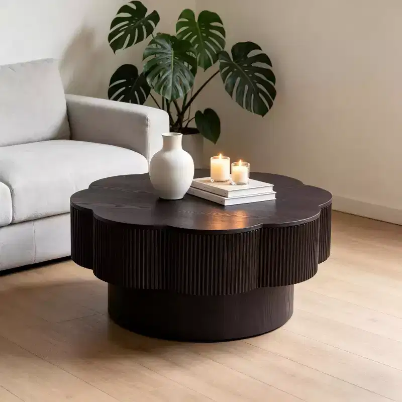 JVNOXK 31.50 Modern Petal-Shaped Coffee Table, Plum Blossom Storage Coffee Table, Natural Wood Finish, Suitable for Living Rooms,Offices, Dark Brown
