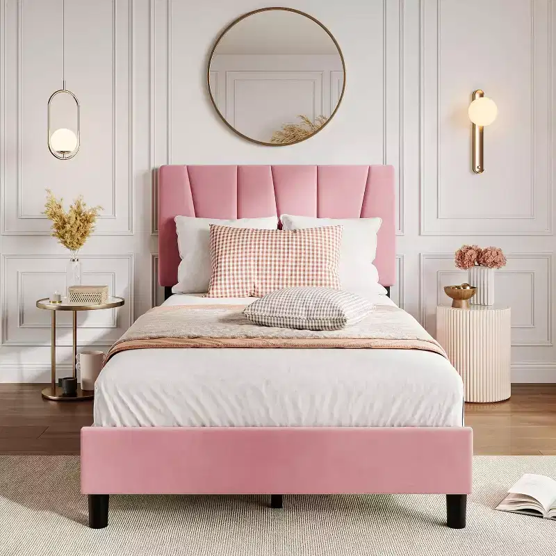 Bed Frame with Adjustable Headboard, Upholstered Platform Bed Frame with Strong Wooden Slats, No Box Spring Needed, Easy Assembly