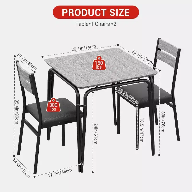 3 Piece Dining Table Set - Square Kitchen Table with Upholstered Chair for 2, Modern Small Apartment Dining Set for Apartment