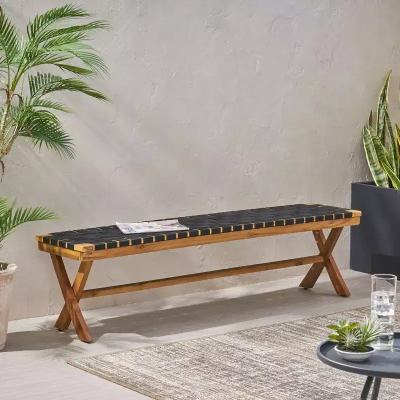 GDFStudio Angie Outdoor 61 Acacia Wood and Rope Bench, Black/Teak
