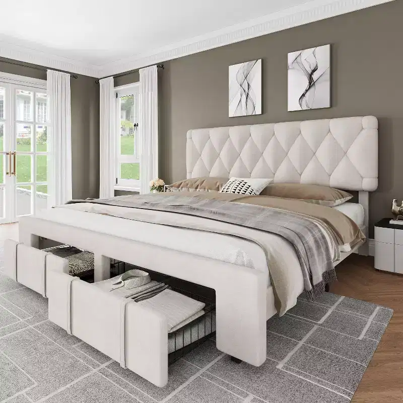 King Size Beige Bed Frame, Upholstered Platform Bed Frame with Storage Drawers, Mattress Foundation, Solid Wooden Slats Support, No Box Spring Needed