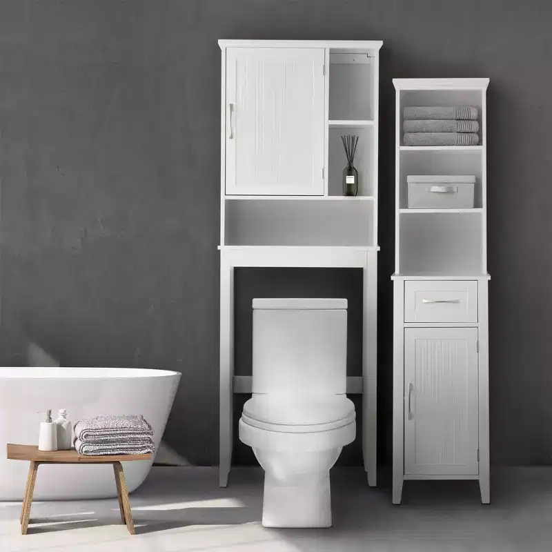 Teamson Home Newport Contemporary Wooden Over-the-Toilet Cabinet White: Freestanding Bathroom Organizer with Adjustable Shelf, Nickel Hardware