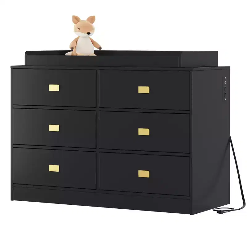 TROPOW Nursery Dresser with Changing Table Top,6-Drawer Baby Dresser with Anti-Tip Kit, Waterproof Top & Safety Rails,Non-Toxic MDF Storage Organizer