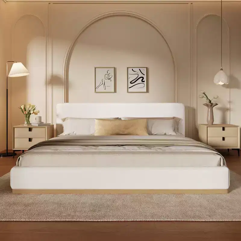 Elegant Velvet Upholstered Bed Frame, Queen/King Size Platform Bed, White