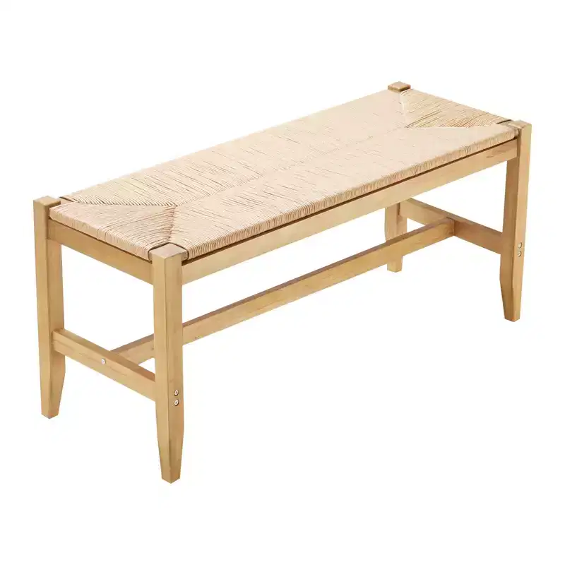 Wooden Rattan Bench, Entryway Bench with Oak Wood Legs, Bedroom End of Bed Boho Bench with Hand Woven Rattan