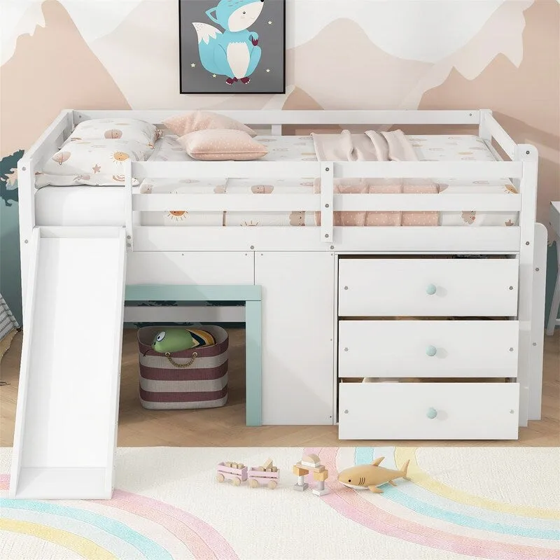 Full Size Low Loft Bed with Slide and 3 Storage Drawers, Solid Wood Loft Bedframe with 2 Doors, Ladder and Guardrails