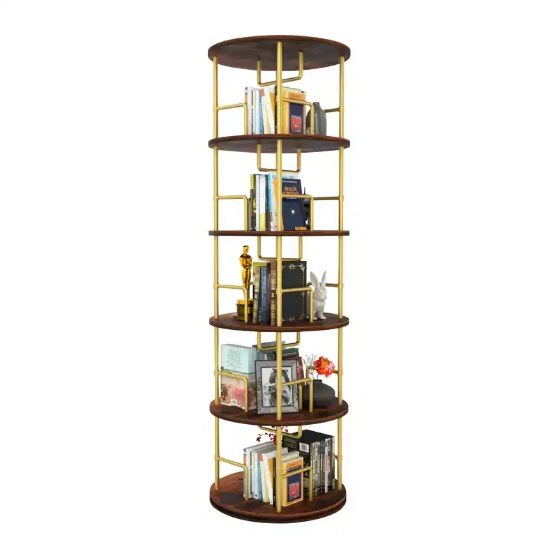5-Tier Rotating Bookshelf, Metal & Wood 360 Stackable Spinning Bookcase Tower, Space-Saving Floor Shelf for Bedroom, Living Room, Office, Gold