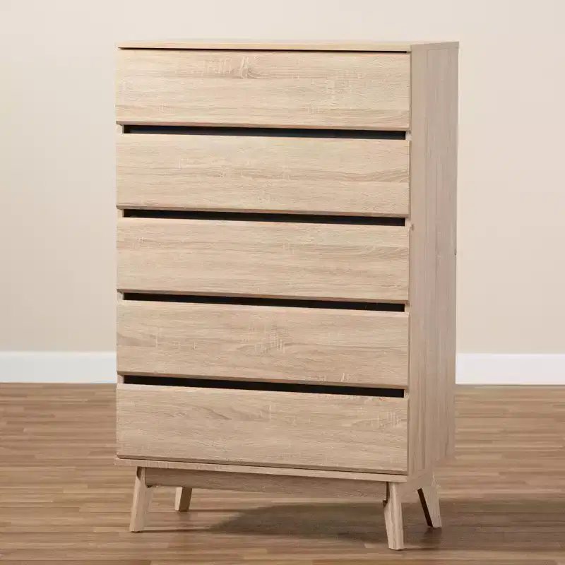 Light Oak 5-Drawer Chest with Tapered Legs, Mid-Century Style