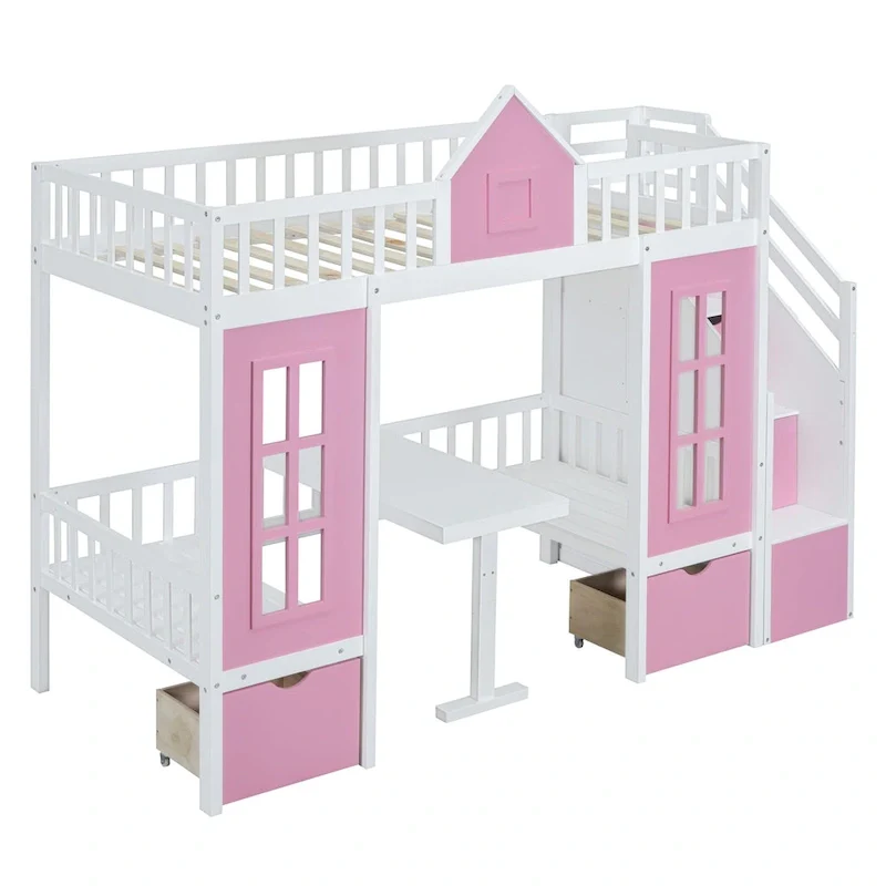 Twin Over Twin Bunk Bed with Convertible Desk - Gray