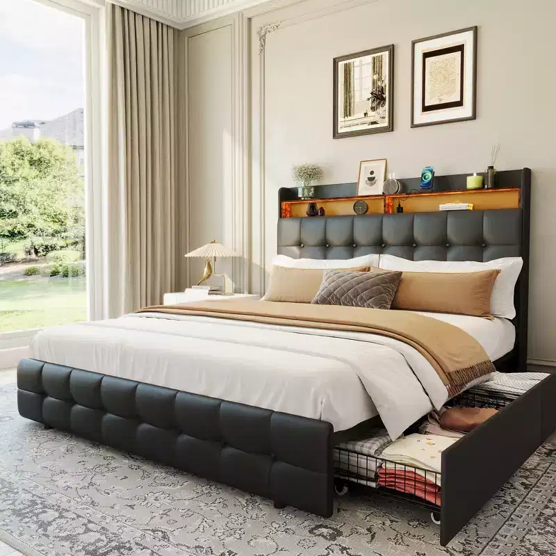 Full Size Upholstered Bed Frame with Headboard  2 Storage Drawers