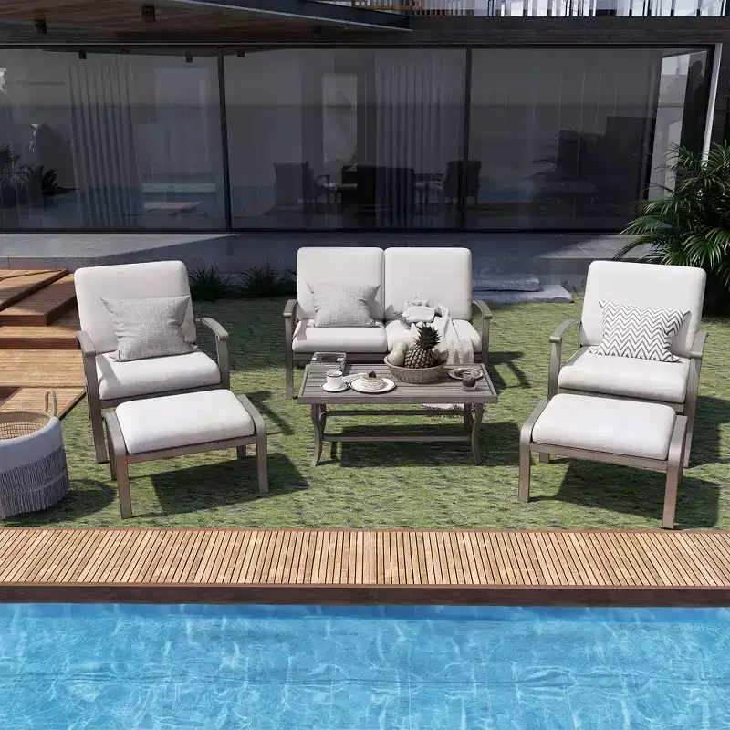 HAPPATIO 6 Piece Aluminum Patio Furniture Set, Outdoor Chairs with Ottomans and Loveseat, Outdoor Sofa with Cushions and Coffee Table(Gray)