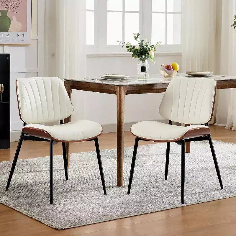 Mid-Century Modern Dining Chairs Set of 2 with PU Leather Upholstery  Walnut Bentwood Back & Adjustable Feet