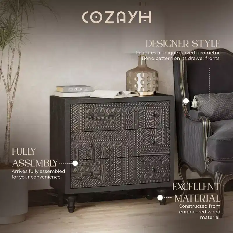 COZAYH Farmhouse 3 Drawer Home Bedroom Dresser with Geometric Pattern, Black