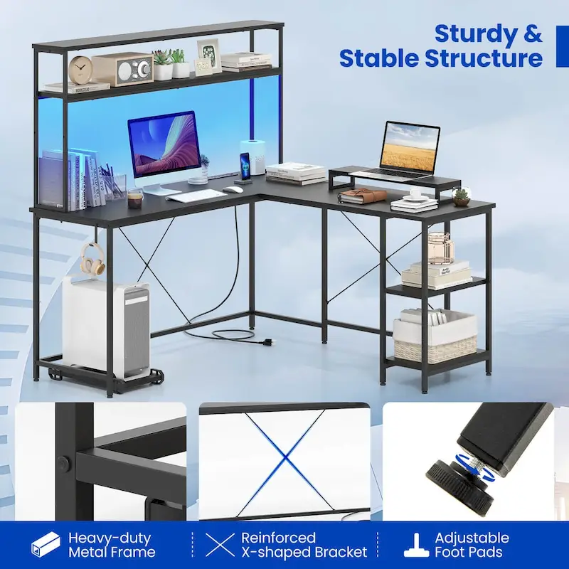 L-Shaped Gaming Desk with LED Strip & Power Outlets