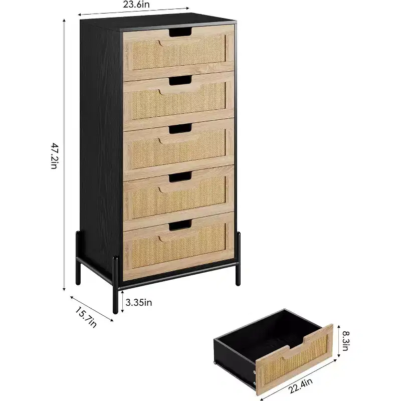 Natural Rattan 5-Drawer Dresser, Modern Farmhouse Wooden Chest with Solid Metal Legs, Bedroom, Entryway & Living Room Storage Cabinet