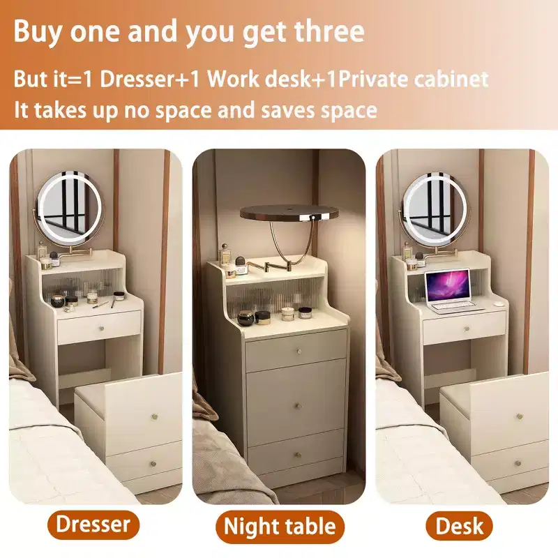 3-in-1 Vanity Desk with Touch Makeup Mirror, Nightstand & Dresser
