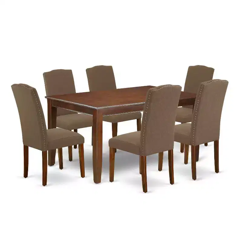 HomeStock 7 Piece Mid-Century Dining Set Dark Coffee Linen Chairs 36x60 Table
