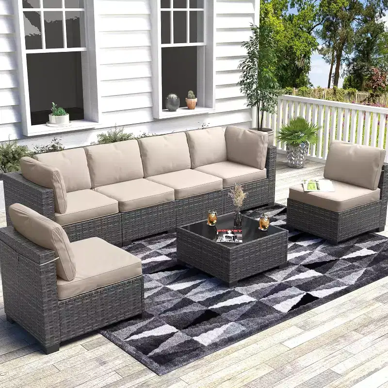 7 PCS Outdoor Patio Furniture Set, Wicker Sectional Sofa Set Rattan Modular Conversation Couch Set with Cushions for Outside, Garden, Balcony, Porch