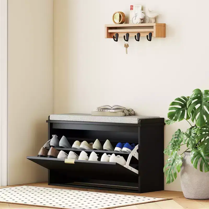 Shoe Storage Bench with Padded Seat Cushion and Flip-Drawer, Entryway Bench, Shoe Cabinet, 31.5x10.2x18.7 Inches