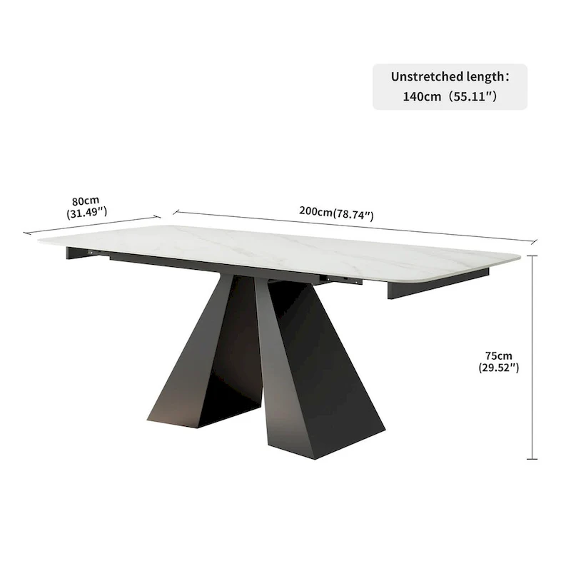 Rectangular Extendable Dining Table with Stone Top and Metal Base