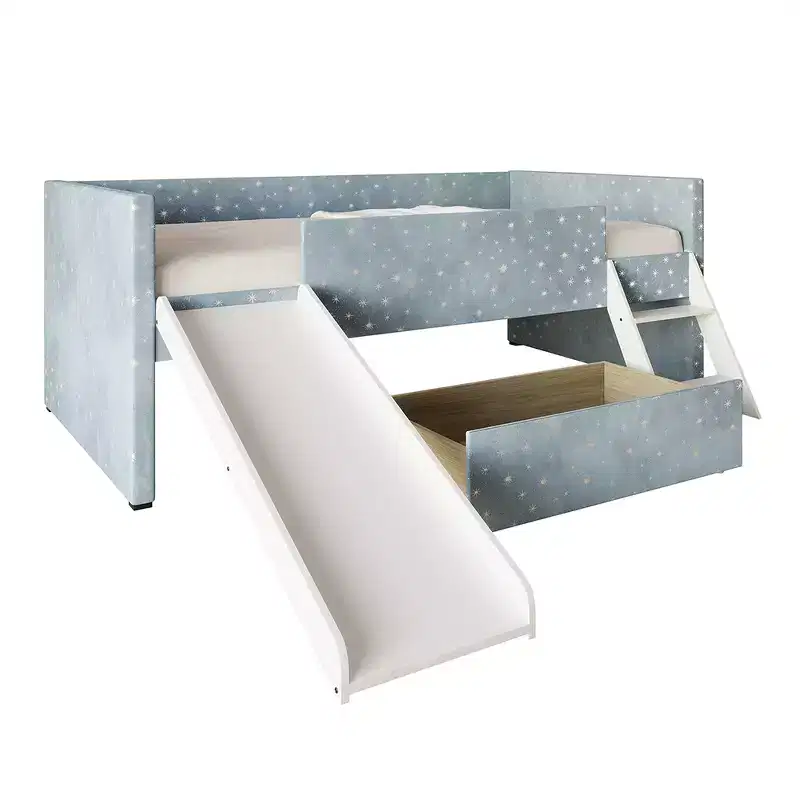 Twin Size Velvet Loft Bed with Slide, Ladder, Guardrails & Storage Drawer, Kids