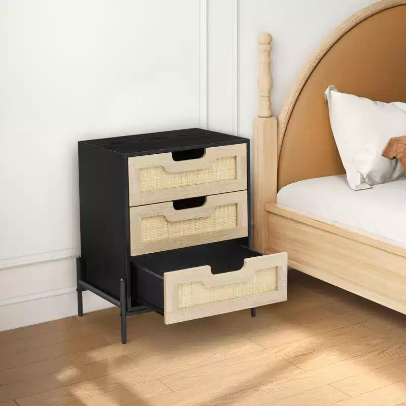 3-Drawer Rattan Nightstand with Black Frame, Bedside Table with Rattan Drawer Fronts for Bedroom